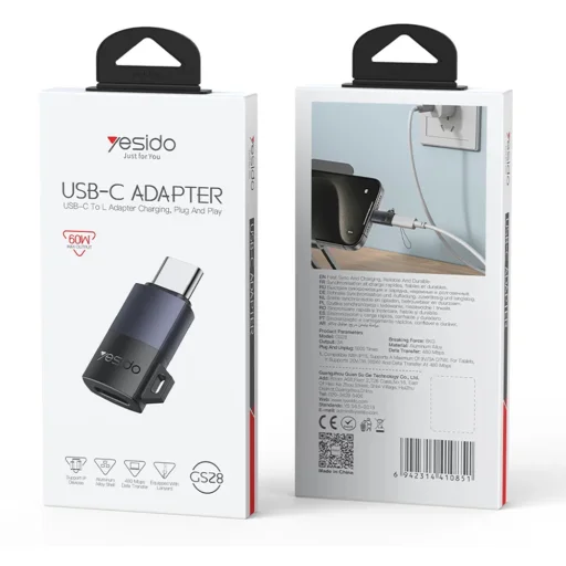 Yesido - OTG Adapter (GS28) - Lightning to Type-C, 60W, Gyors töltés, 480Mpb/s, Alumínium ötvözet, Plug&Play - Szürke - 6