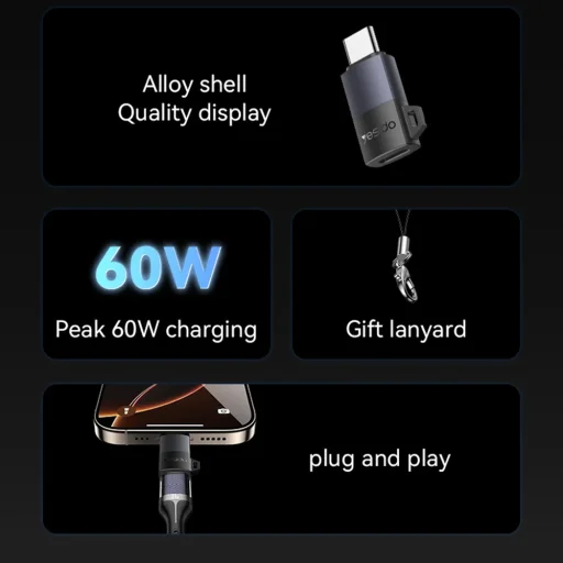 Yesido - OTG Adapter (GS28) - Lightning to Type-C, 60W, Gyors töltés, 480Mpb/s, Alumínium ötvözet, Plug&Play - Szürke - 3