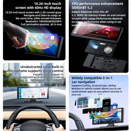Yesido - Vezeték nélküli autós sztereó (KM19) - Dupla HD kamera, Plug&Play, CarPlay, Android Auto, AirPlay - Fekete - 2