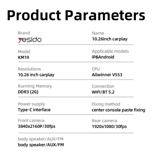 Yesido - Vezeték nélküli autós sztereó (KM19) - Dupla HD kamera, Plug&Play, CarPlay, Android Auto, AirPlay - Fekete - 5