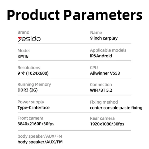 Wireless Car Stereo Yesido - DUAL HD Kamera, Bluetooth 5.2, Plug&Play, CarPlay, Android Auto, AirPlay - Fekete - 5