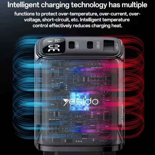 Yesido - Fali töltő (YC69) - digitális kijelzővel, gyorstöltés, telefonhoz, tablethez, laptophoz, USB, 2x Type-C, 30W - Fekete - 7