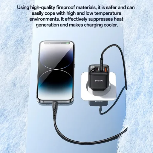 Yesido - Fali töltő (YC69) - digitális kijelzővel, gyorstöltés, telefonhoz, tablethez, laptophoz, USB, 2x Type-C, 30W - Fekete - 8