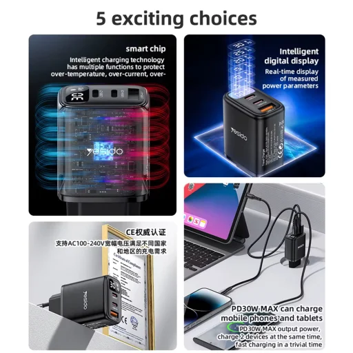 Yesido - Fali töltő (YC69) - digitális kijelzővel, gyorstöltés, telefonhoz, tablethez, laptophoz, USB, 2x Type-C, 30W - Fekete - 9