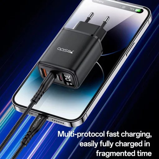 Yesido - Fali töltő (YC69) - digitális kijelzővel, gyorstöltés, telefonhoz, tablethez, laptophoz, USB, 2x Type-C, 30W - Fekete - 3