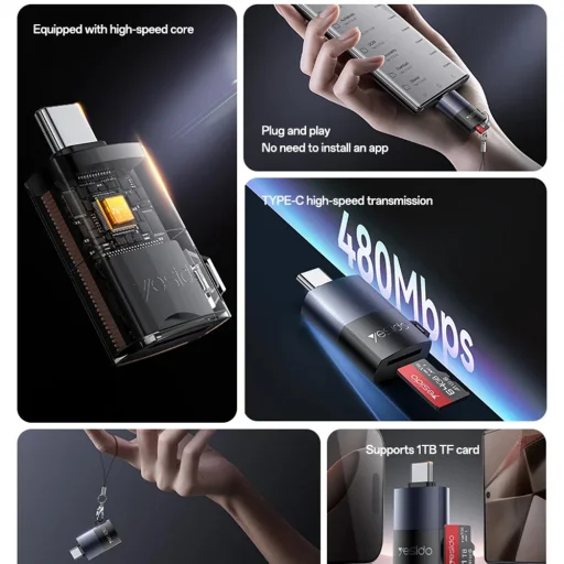 Yesido - Kártyaolvasó (GS37) - Type-C, nagysebességű, alumínium ötvözet, támogat 1TB-ot, Plug and Play, TF kártya - Fekete - 11