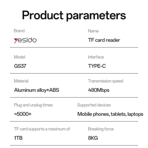 Yesido - Kártyaolvasó (GS37) - Type-C, nagysebességű, alumínium ötvözet, támogat 1TB-ot, Plug and Play, TF kártya - Fekete - 12