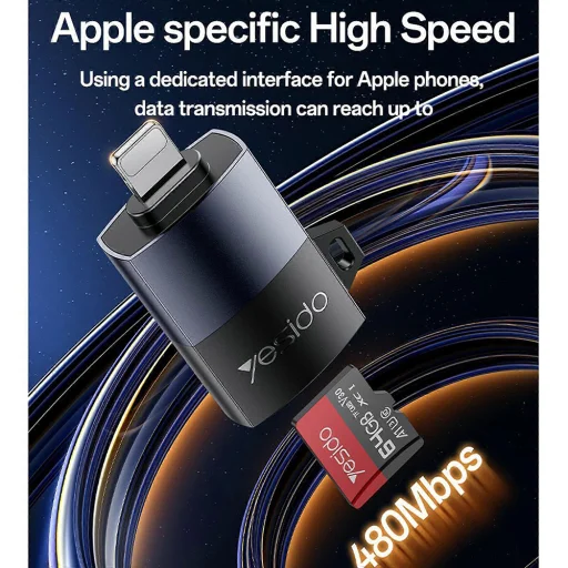 iPhone, iPad Szürke Yesido Adapter (GS38) - Lightning TF kártya csatlakozóval, 480Mbps, 4K, LED jelző - 2