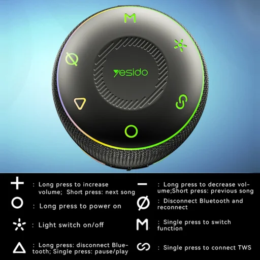 Yesido - Vezeték nélküli hangszóró (YSW22) - Bluetooth 5.3, TWS, RGB világítások, IPX6, FM rádió, TF, AUX, Type-C, 4500mAh, 30W - Fekete - 10