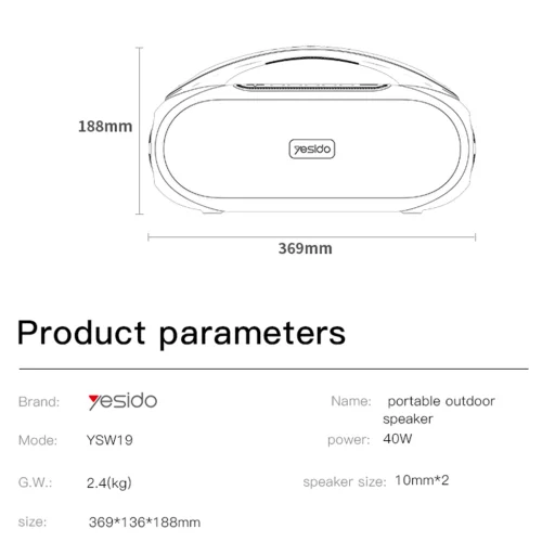 Yesido - Vezeték nélküli hangszóró (YSW19) - Bluetooth 5.0, RGB világítás, Sztereó, IPX6, TF, AUX, Flash-meghajtó, 3000mAh, 40W - Fekete - 5