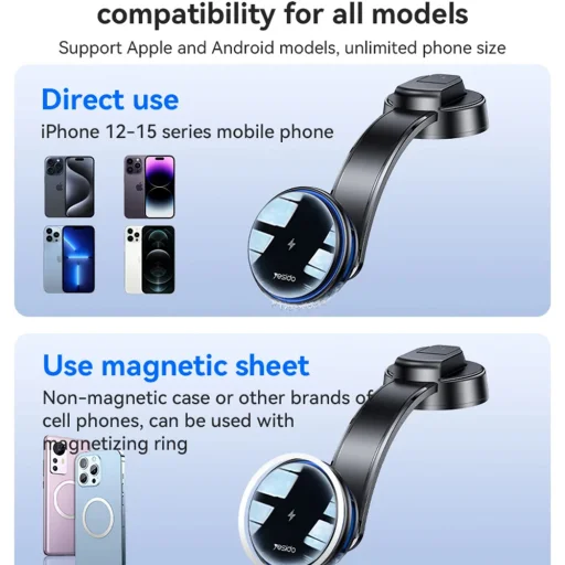 Autóstartó Vezeték nélküli Töltéssel (C311) - Műszerfalra, Félvezetős, Erőteljes Hűtéssel, 2x Hangulatvilágítással, 15W - Fekete Yesido - 6