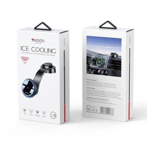 Autóstartó Vezeték nélküli Töltéssel (C311) - Műszerfalra, Félvezetős, Erőteljes Hűtéssel, 2x Hangulatvilágítással, 15W - Fekete Yesido - 7