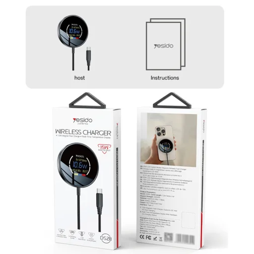 Yesido Vezeték nélküli Töltőállomás (DS28) - Mágneses Markolat, Digitális Kijelző, Gyors Töltés, 15W, Type-C Kábel, 1.2m - Fekete - 11