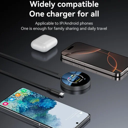 Yesido Vezeték nélküli Töltőállomás (DS28) - Mágneses Markolat, Digitális Kijelző, Gyors Töltés, 15W, Type-C Kábel, 1.2m - Fekete - 3