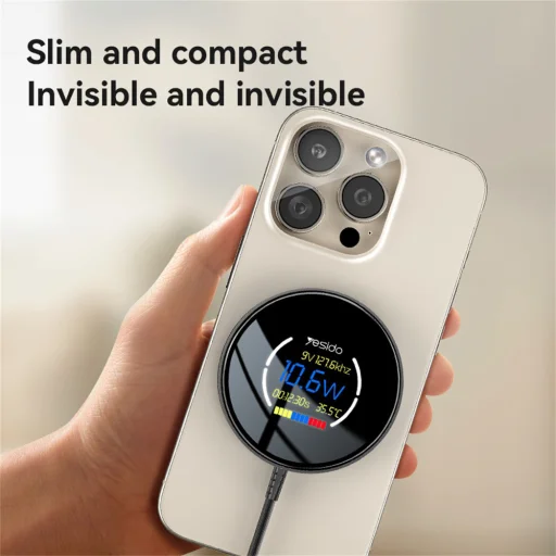 Yesido Vezeték nélküli Töltőállomás (DS28) - Mágneses Markolat, Digitális Kijelző, Gyors Töltés, 15W, Type-C Kábel, 1.2m - Fekete - 4