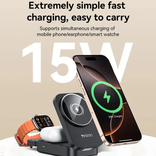 iPhone, Apple Watch, AirPods Fekete Yesido - Wireless Charging Station 3in1 (DS27), Mágneses, Összecsukható, Tartó, 15W - 2