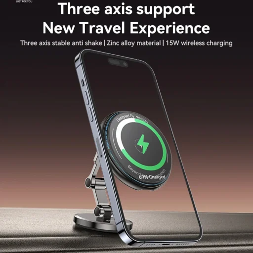 Autós tartó vezeték nélküli töltéssel (C306) - Műszerfalhoz, háromtengelyes támasz, rázkódásmentes, cink ötvözet, 15W - Fekete Yesido - 2