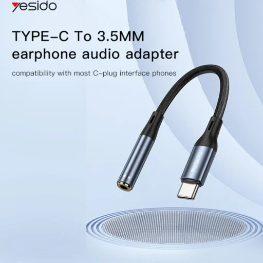 Yesido - Audio kábel adapter (YAU38) - Type-C Jack 3.5mm átalakító, nejlon, alumínium ötvözet, 15cm - Fekete - 7