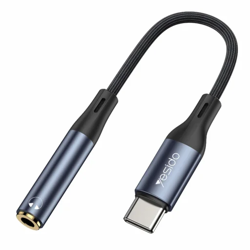 Yesido - Audio kábel adapter (YAU38) - Type-C Jack 3.5mm átalakító, nejlon, alumínium ötvözet, 15cm - Fekete - 1