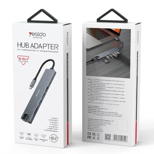 Yesido - 8in1 Dokkoló Állomás (HB27) - Type-C - 2x USB, 2x USB-C, HDMI, RJ45, TF/SD, PD100W, Gyors Töltés, 4K@30Hz - Szürke - 8