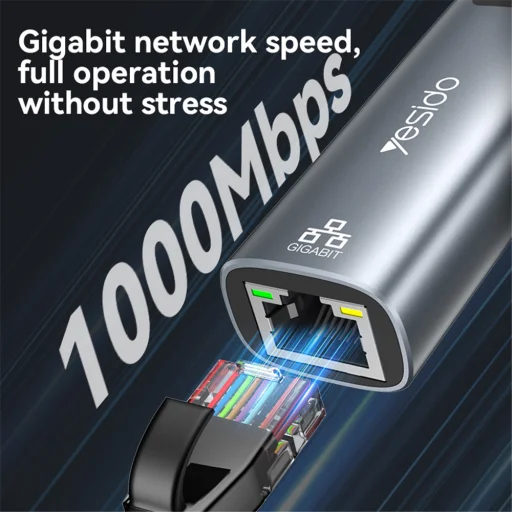 Yesido Ethernet Adapter (HB26) - USB, Type-C to RJ45, Windows, MacOS, Linux, 1000Mbps - Szürke - 2