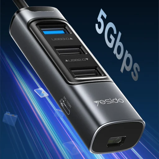 Yesido - 5 az 1-ben Dokkoló Állomás (HB24) - Type-C 3x USB, USB-C, Mini DisplayPort, PD100W, Gyors Töltés, 4K@30Hz, 5Gbps - Szürke - 3