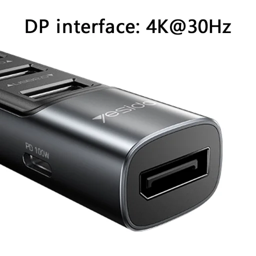 Yesido - Dokkoló Állomás 5in1 (HB23) - Type-C to 3x USB, USB-C, DisplayPort, PD100W, Gyors Töltés, 4K@30Hz, 5Gbps - Szürke - 2