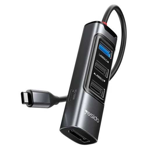 Yesido - Dokkoló Állomás 5in1 (HB23) - Type-C to 3x USB, USB-C, DisplayPort, PD100W, Gyors Töltés, 4K@30Hz, 5Gbps - Szürke - 1