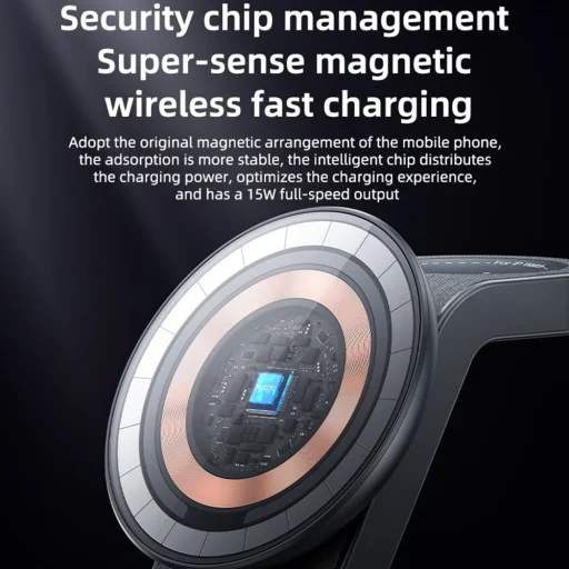 Yesido – Vezeték nélküli töltőállomás (DS26) – Mágneses, telefonhoz, órához, fülhallgatóhoz, összecsukható, állvány, éjjeli fény, 15W – Szürke - 7