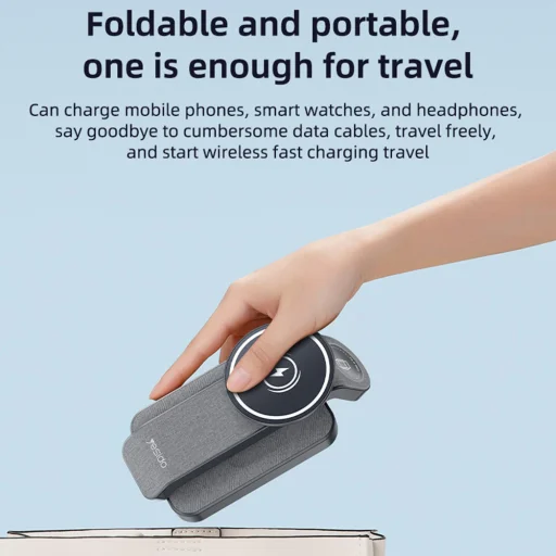 Yesido – Vezeték nélküli töltőállomás (DS26) – Mágneses, telefonhoz, órához, fülhallgatóhoz, összecsukható, állvány, éjjeli fény, 15W – Szürke - 8