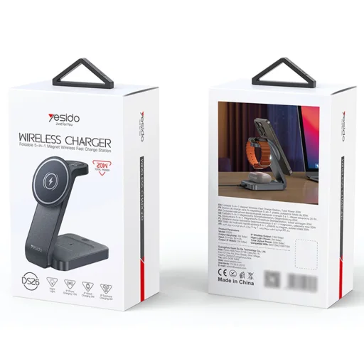 Yesido – Vezeték nélküli töltőállomás (DS26) – Mágneses, telefonhoz, órához, fülhallgatóhoz, összecsukható, állvány, éjjeli fény, 15W – Szürke - 9