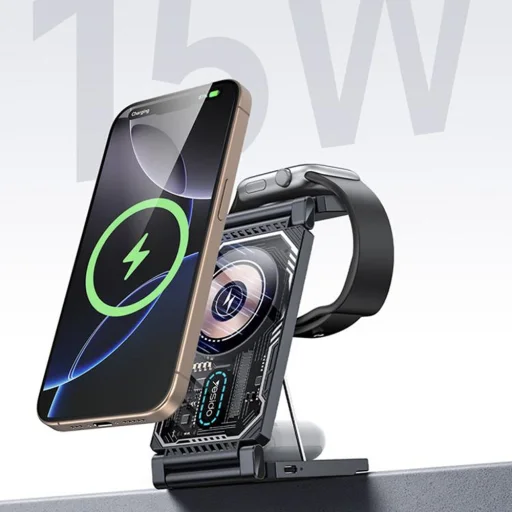 Yesido - Vezeték nélküli töltőállomás (DS25) - Mágneses Gyors Töltés, telefonhoz, órához, fülhallgatóhoz, összecsukható, állvány, 15W - Fekete - 7