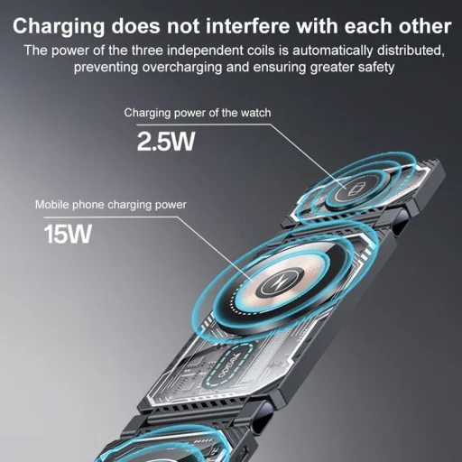 Yesido - Vezeték nélküli töltőállomás (DS25) - Mágneses Gyors Töltés, telefonhoz, órához, fülhallgatóhoz, összecsukható, állvány, 15W - Fekete - 4