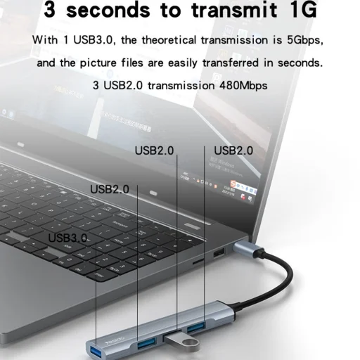 Yesido 4in1 (HB17) Csatlakozóállomás - Type-C to 1x USB3.0, 3x USB2.0, Plug&Play, 5Gbps, Alumínium Ötvözet - Szürke - 2
