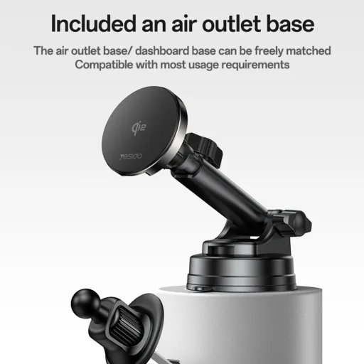 Yesido Autós Tartó Vezeték Nélküli Töltéssel (DS30) - Műszerfalhoz, Type-C, 15W, Qi2.0 - Fekete - 5