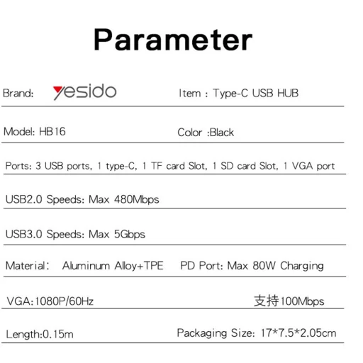 Yesido - Dokkolóállomás 7 az 1-ben (HB16) - Type-C 1x USB3.0, 2x USB2.0, TF/SD Kártya, 1x VGA, 1x Type-C, 5Gbps, PD100W - Szürke - 9