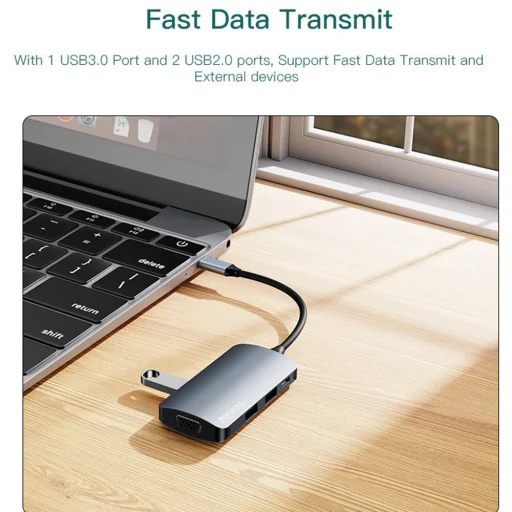 Yesido - Dokkolóállomás 7 az 1-ben (HB16) - Type-C 1x USB3.0, 2x USB2.0, TF/SD Kártya, 1x VGA, 1x Type-C, 5Gbps, PD100W - Szürke - 6