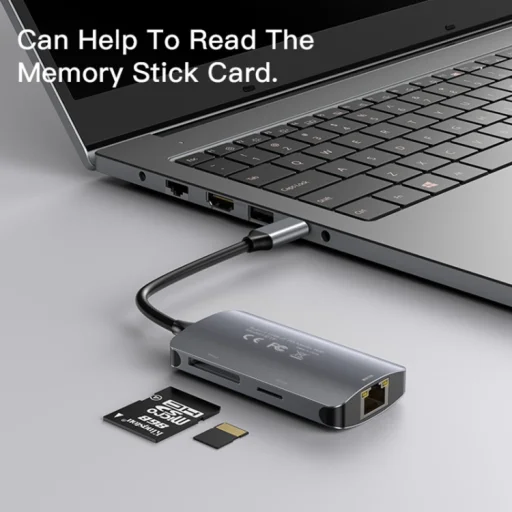 Yesido - Dokkoló Állomás (HB15) - Type-C - 2x USB, USB-C, SD/TF Kártya, RJ45, 1000Mbps, Plug & Play - Szürke - 9