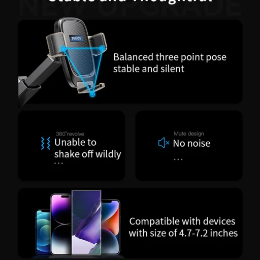 Yesido Autós tartó (C262) - Gravitációs fogás, műszerfalra és szélvédőre - Fekete - 5