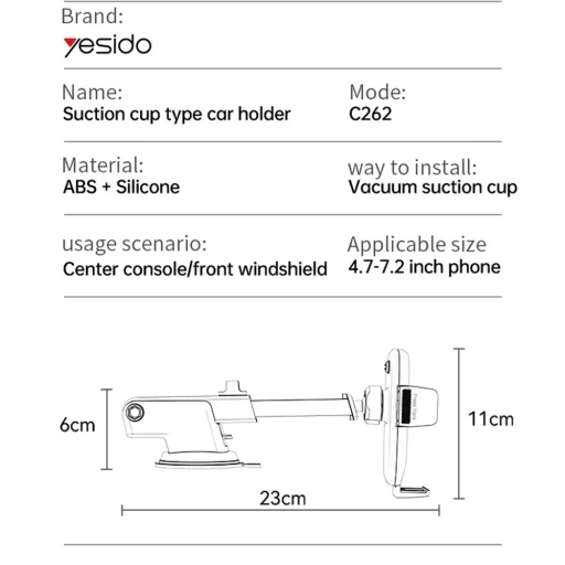 Yesido Autós tartó (C262) - Gravitációs fogás, műszerfalra és szélvédőre - Fekete - 6