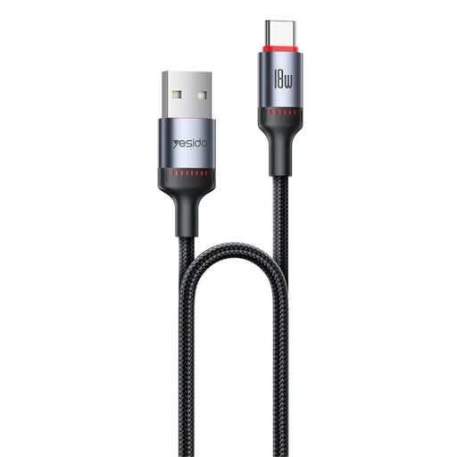 USB to Type-C Yesido - Adatkábel (CA129C), Gyors töltés, 18W, 3A, 480Mbps, CarPlay kompatibilis, Alumínium ötvözet, 1.2m - Fekete - 1