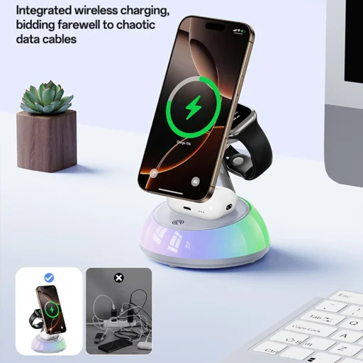 iPhone, Apple Watch, AirPods Fehér Yesido Wireless Charging Station 3in1 (DS31) - Mágneses Tartó, RGB világítás, 15W - 8