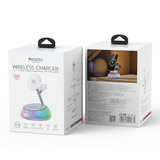 iPhone, Apple Watch, AirPods Fehér Yesido Wireless Charging Station 3in1 (DS31) - Mágneses Tartó, RGB világítás, 15W - 11