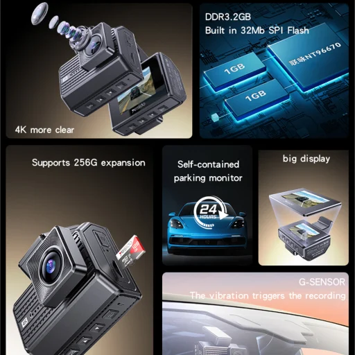 Yesido - Dual Dash Camera (KM15) - 2" IPS kijelző, Elülső + Hátsó Kettős Felvétel, G-Sensor, Akár 256GB Tárhely - Fekete - 4