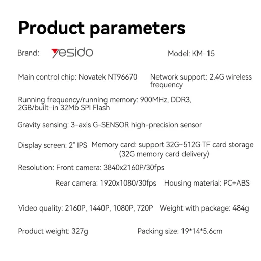 Yesido - Dual Dash Camera (KM15) - 2" IPS kijelző, Elülső + Hátsó Kettős Felvétel, G-Sensor, Akár 256GB Tárhely - Fekete - 5