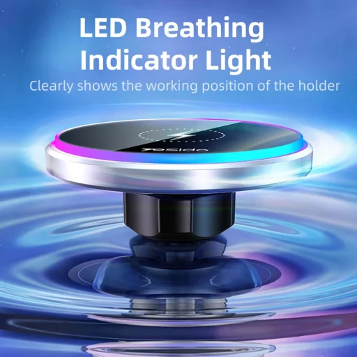 Yesido Autós tartó vezeték nélküli töltéssel (C292), műszerfalra/szélvédőre, LED kijelző, hajlítható rögzítőkar, 15W - Fekete - 4