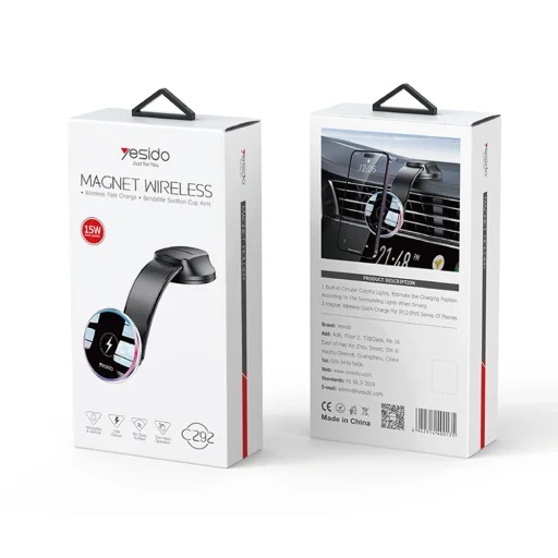 Yesido Autós tartó vezeték nélküli töltéssel (C292), műszerfalra/szélvédőre, LED kijelző, hajlítható rögzítőkar, 15W - Fekete - 5