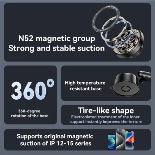 Yesido Autós tartó (C266) - Mágneses N52, műszerfalra, 360 fokos talp, teleszkópos karos befogó, egyedi kialakítás, 4.7-7.2 inch - Fekete - 5