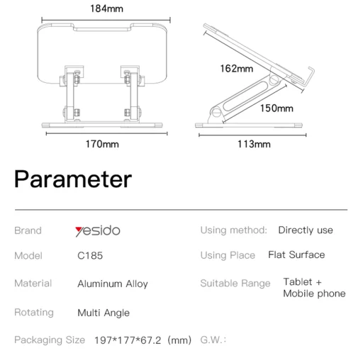 Telefon, Tablet 4.5 - 13" ezüst Yesido - Desk Holder (C185) - összecsukható kialakítás, csúszásmentes szilikon. - 6