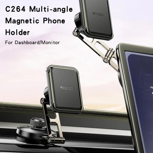 Yesido - Autós tartó (C264) - Mágneses, a műszerfalhoz/szélvédőhöz, 360°, összecsukható karokkal, cink ötvözet - Fekete - 2